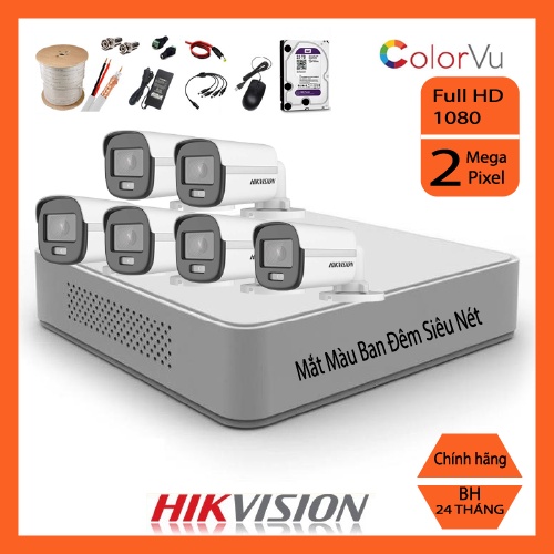 Trọn bộ 1/2/3/4/5/6/7/8 camera giám sát hikvison có màu ban đêm Full HD 1080p - Đầy đủ phụ kiện lắp đặt