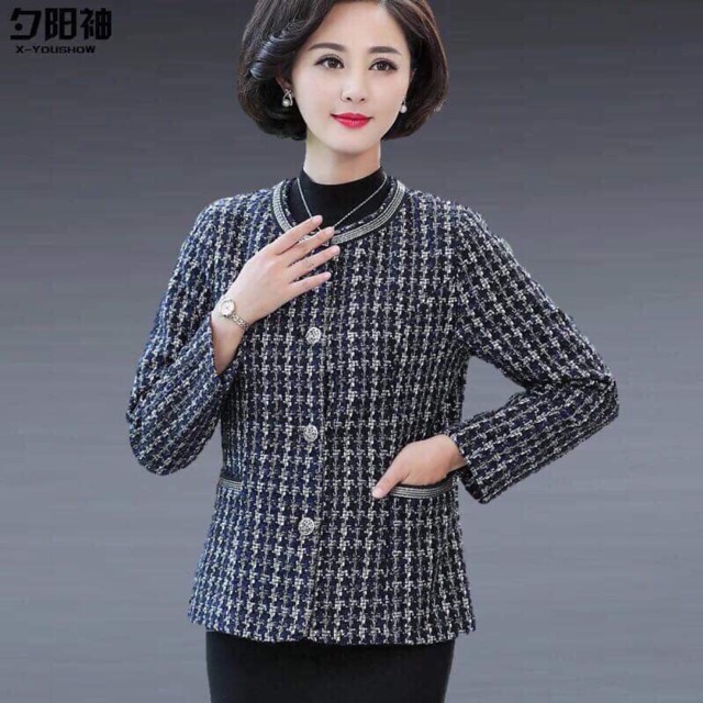 Áo khoác dạ kẻ tweed cổ tròn cho người trung niên ( sẵn 3xl)