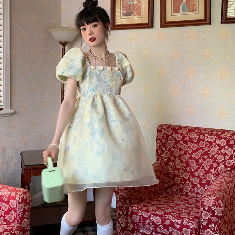 Đầm Công Chúa Tay Phồng Cổ Vuông In Họa Tiết Hoa Kiểu Pháp Xinh Xắn Cho Nữ