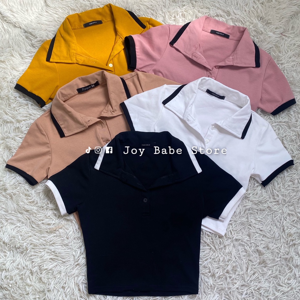 Croptop Polo nữ JOY BABE💛 nút áo tháo rời, thun xịn Forever 21 ôm co giãn 4 chiều💜 cổ bẻ sơ mi trụ trắng đen CRON 12 -4E