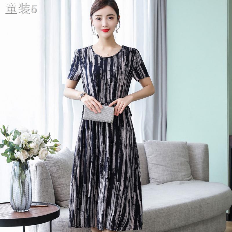 ♛☼♞Người trung niên và lớn tuổi đầm cotton lụa nữ cỡ 40-50 Mẹ mặc váy hoa mùa hè ngắn tay