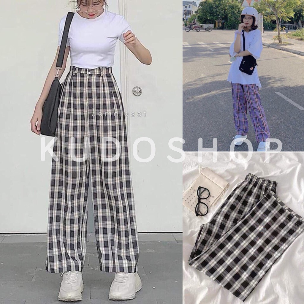 Quần kẻ caro giả cúc lưng thun ống rộng dáng dài ulzzang phong cách hàn quốc/ Quần kẻ sọc ống suông siêu hack dáng | BigBuy360 - bigbuy360.vn