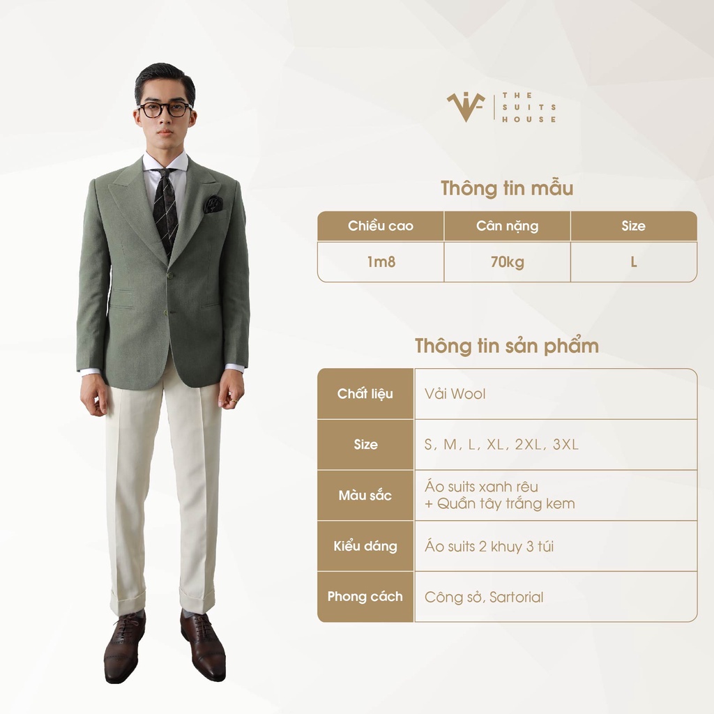 Bộ vest nam xanh rêu phối trắng kem, suits sartorial chất linen The Suits House