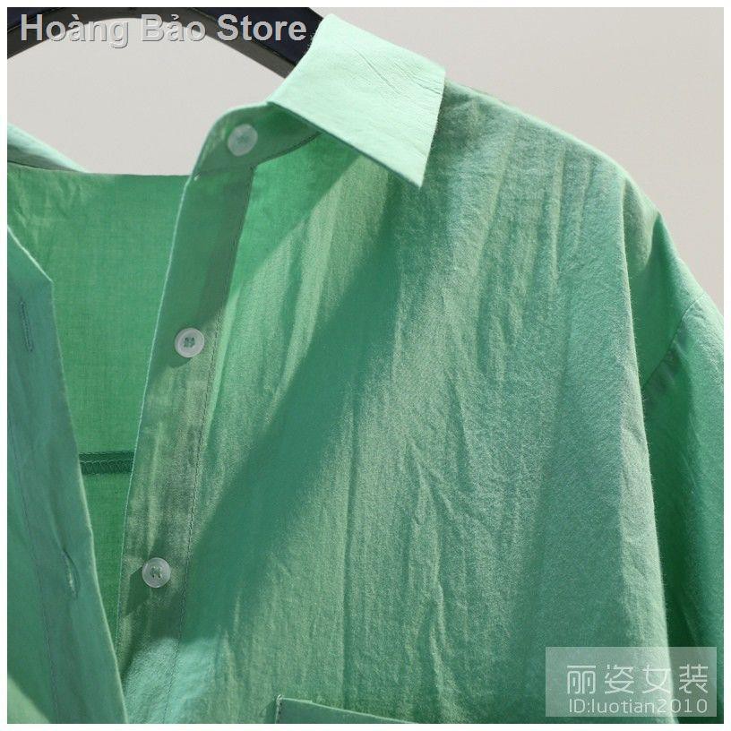váy bodyđầm xoè☼Tay áo cong một túi sơ mi cotton xanh lá cây nữ ngắn rời Mùa hè năm 2021 Thường xuyên kết hợp t
