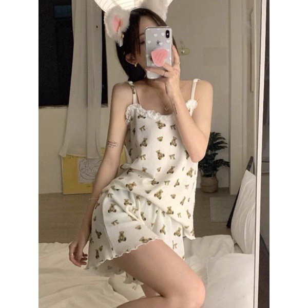 Bộ Áo 2 Dây Viền Ren Quần Short Họa Tiết Gấu Cao Cấp, Set Quần Áo Ngủ Nữ Chất Borip | BigBuy360 - bigbuy360.vn