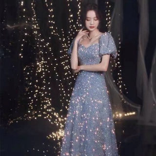 Mùa Hè 2025 Phong Cách Mới Màu Champagne Đính Kim Sa Lấp Lánh Đầm Dạ Hội Thanh Niên Cao Cấp Ánh Sáng Tiệc Sang Trọng Sang Trọng Chủ Nhà Đầm Dài Phong Cách