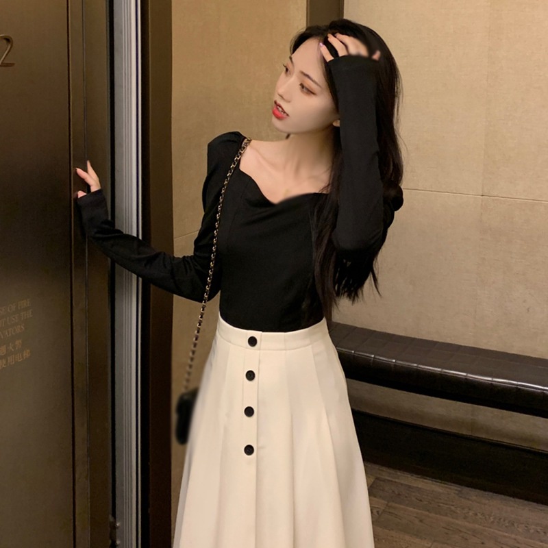 Áo thun tay phồng dài cổ vuông màu sắc trơn phong cách Hàn Quốc quyến rũ