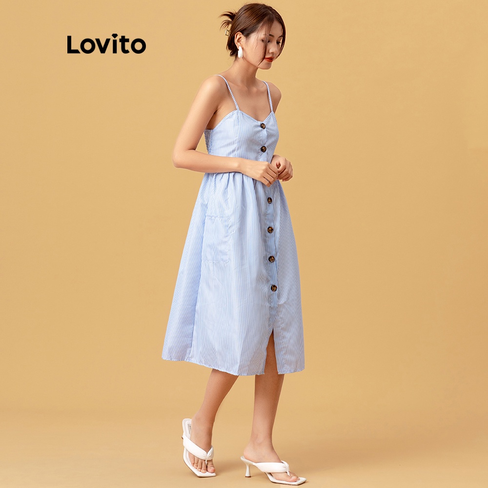 Đầm Lovito họa tiết sọc phối nút gài đơn giản L05162 (Đỏ/Xanh dương) | BigBuy360 - bigbuy360.vn