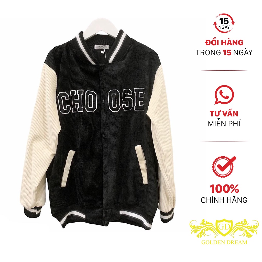 Áo Khoác Nhung Kiểu Dáng Bomber GOLDEN DREAM Thêu Chữ CHOOSE