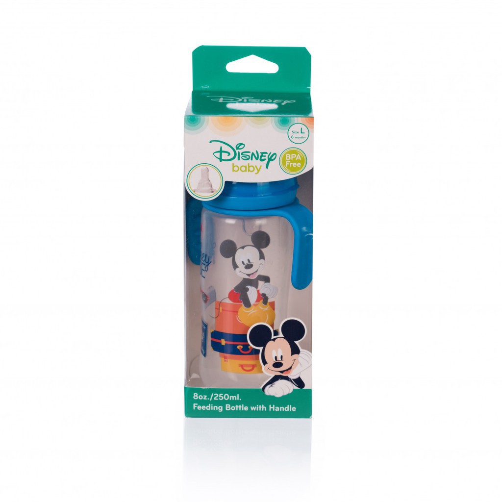 Bình sữa, núm ti và ống hút cổ thường/cổ hẹp có tay cầm 250ml Disney