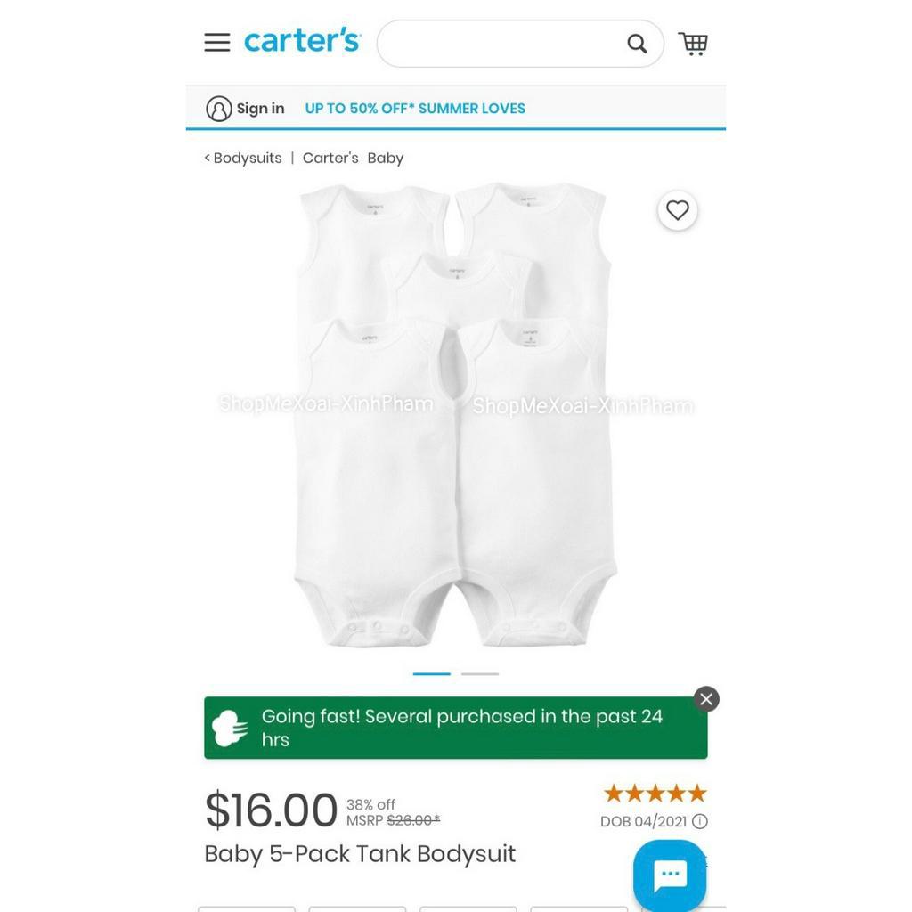 [Size 0-24M] Bodychip hãng Carter ba lỗ sát nách trắng trơn 100% cotton an toàn cho da bé