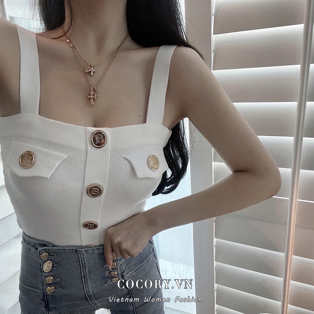 Cocory vn Áo dệt kim hai dây phối nút in chữ thiết kế thời trang quyến rũ dành cho nữ