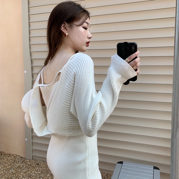 Đầm ZHELIHANGFEI dệt kim giả hai lớp tay dài hở lưng phong cách quyến rũ thời trang