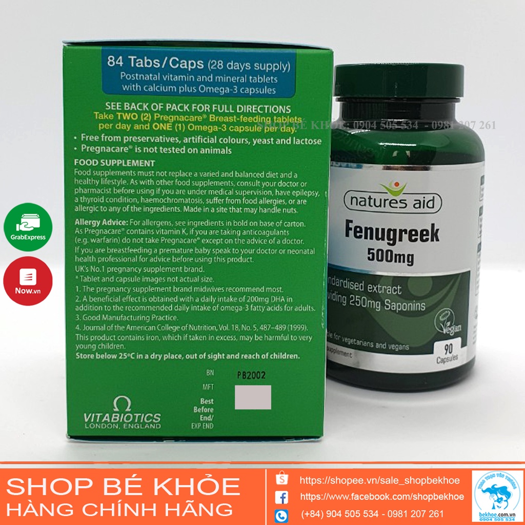 Combo Vitamin sau sinh Pregnacare breast feeding và cỏ Cà ri lợi sữa Fenugreek