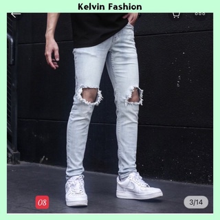 Quần jean nam co giãn màu xanh rách thời trang Kelvin Fashion, quần bò nam cao cấp mẫu mới phong cách trẻ trung - MQ08