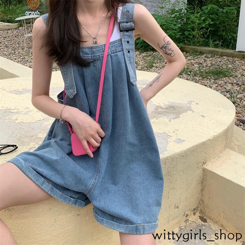 Wittygirls_ Shop | Quần Yếm Denim Ống Rộng Dễ Thương Phong Cách Retro Cho Nữ