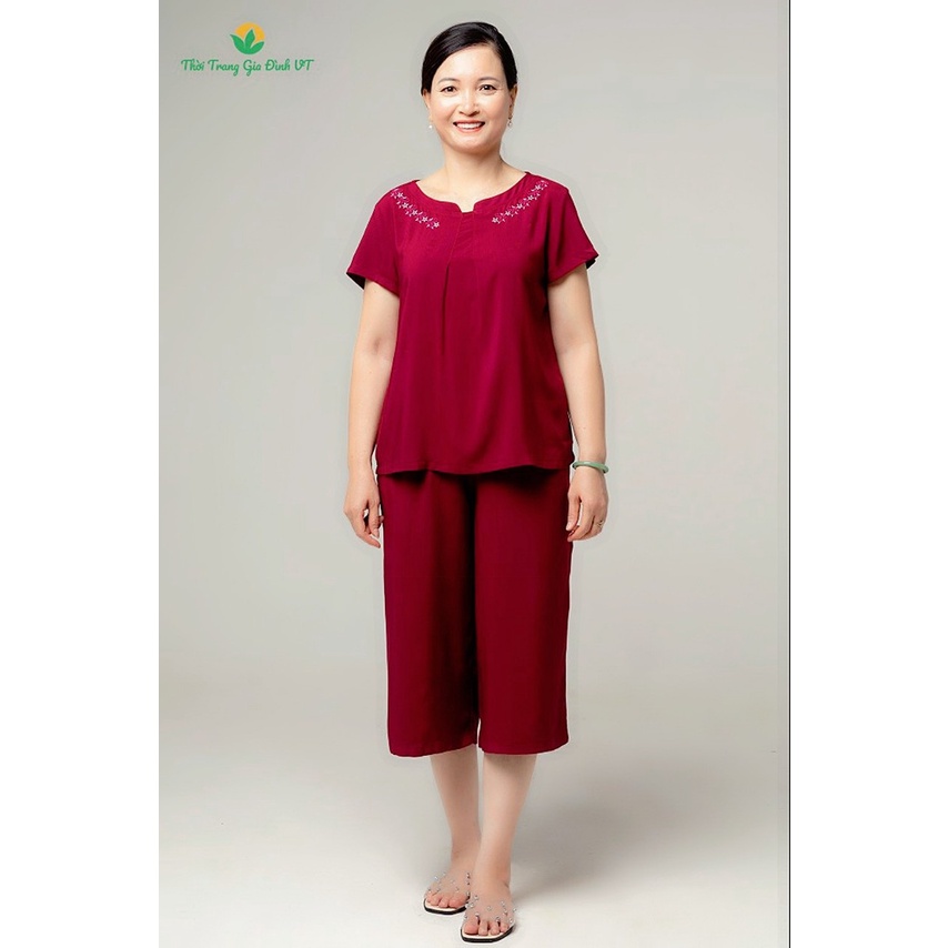Bộ lanh  việt thắng áo cộc tay quần ống sớ bộ trung niên dành cho mẹ