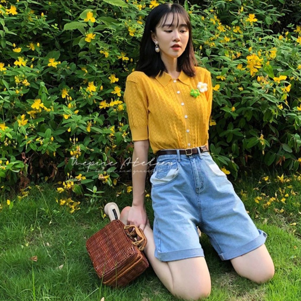 Áo Thun Dệt Kim Tay Ngắn Cổ Polo Màu Vàng Trong Suốt Dành Cho Nữ
