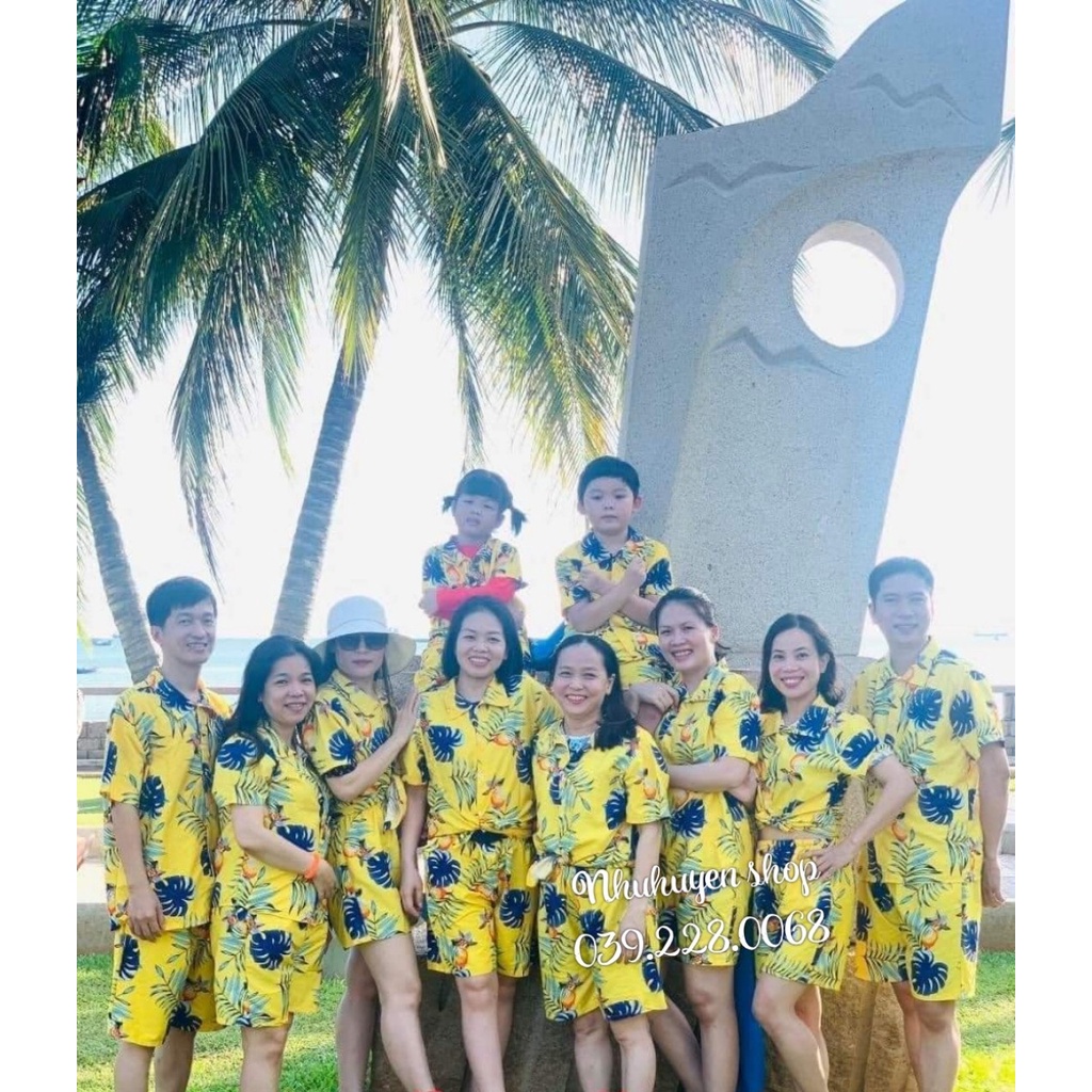 (Tổng kho HCM - Nhuhuyen shop) - set bộ mẫu quả đào nền vàng đủ size cho gia đình, team đến 120kg, chất kate thái 1