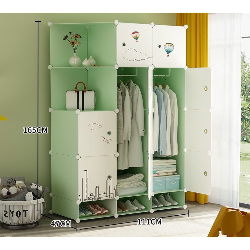 Tủ nhựa ghép Tủ quần áo thông minh lắp ráp đa năng 6-20 ô xanh cửa khí cầu ( tặng kèm búa gỗ) sâu 47cm