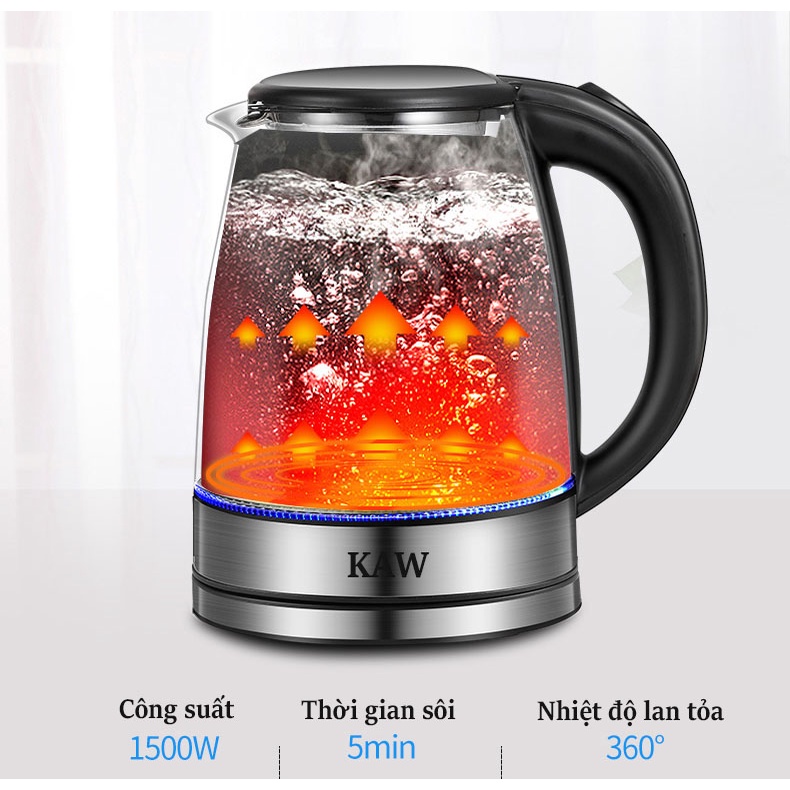 Ấm điện đun nước siêu tốc KAW dung tích 2L, bình đun nước thủy tinh trong suốt có đèn led, bảo hành chính hãng