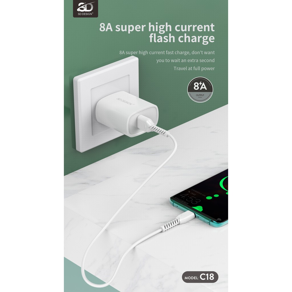 Củ sạc chính hãng SD Design C18 cốc sạt NHANH Chuẩn Quick Charge 3.0, tương thích với nhiều dòng máy bảo hành 1 năm