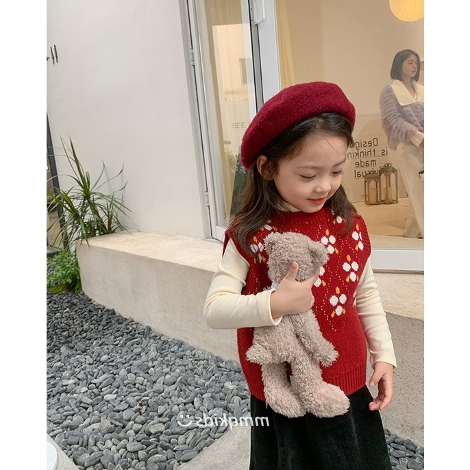 Áo Len Không Tay Cổ Tròn Họa Tiết Hoa Thời Trang Thu Đông Cho Bé