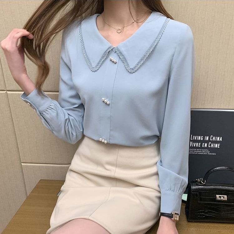 Áo Sơ Mi Chiffon Tay Dài Cổ Búp Bê Phối Ren Màu Xanh Dương Phong Cách Phương Tây Thời Trang Xuân Thu