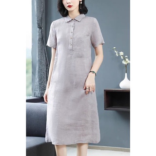 Đầm suông công sở Linen bột Premium, cổ đức, form suông không kén dáng mặc (Xanh Than/ Xám Trắng)