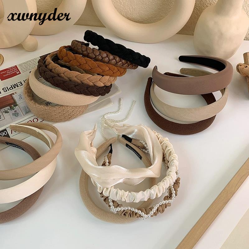 Băng Đô Cài Tóc Bản Rộng Bằng Vải Dệt Kim Đính Ngọc Trai Thanh Lịch Thời Trang Phong Cách Hàn Quốc Cho Nữ