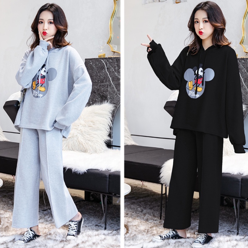 Set Bộ Nỉ Nữ Áo Hoodie Dài Tay In Hình Mickey Kèm Quần Ống Suông Thể Thao Thời Trang Sugal QA NU 027V3