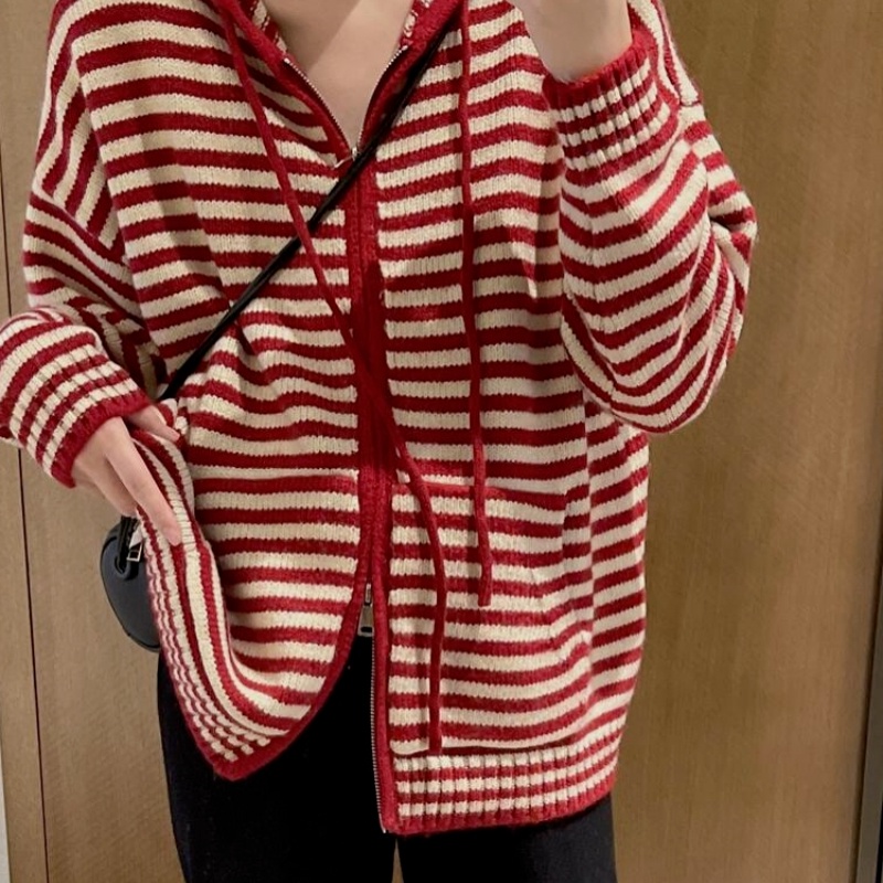 Áo hoodie ZHELIHANGFEI tay dài dáng rộng họa tiết kẻ sọc dễ phối đồ