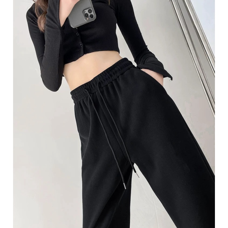 Quần nỉ nữ ống rộng bo gấu chất vải da cá dày dây rút cạp thun chun - Quần thể thao nữ jogger dài ống suông mặc tập gym