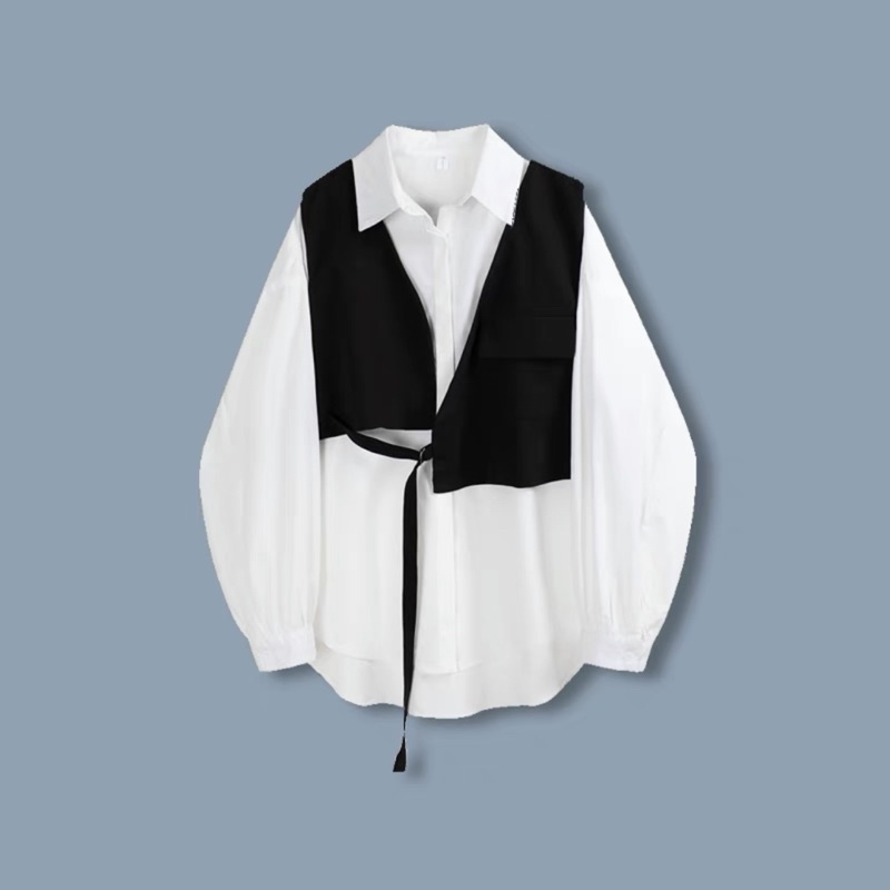 set áo gile 2 lớp phối áo sơ mi trăng tay dài cùng áo yếm gile đai lệch (kèm video thật) | BigBuy360 - bigbuy360.vn