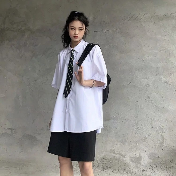 Áo Sơ Mi Tay Ngắn Dáng Rộng Màu Trắng Họa Tiết Cà Vạt Phong Cách Hàn Quốc Thời Trang Cho Nam Size M-3Xl
