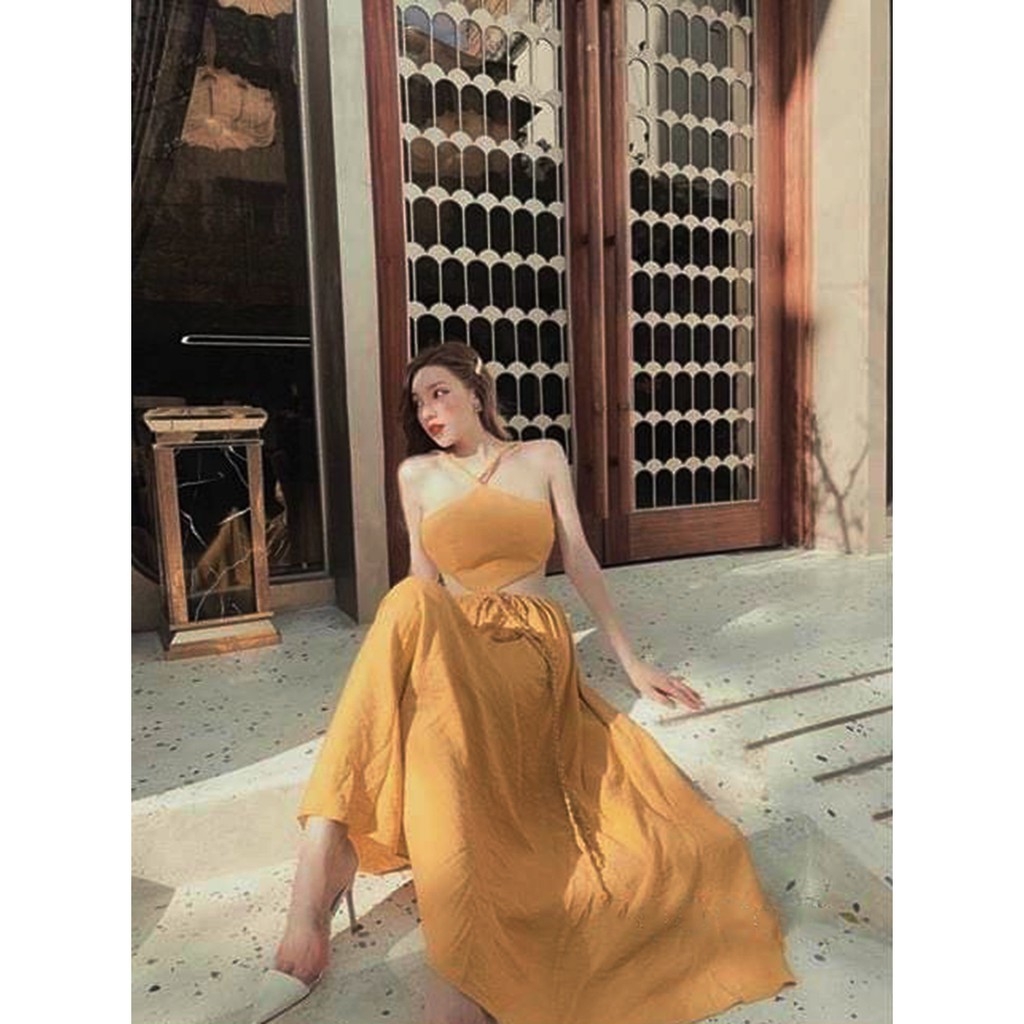 Set đi biển,váy maxi đi biển cổ yếm thắt rết siêu xinh sống ảo phong cách XUKA-DRESS MT031 chất Đũi lạnh mát