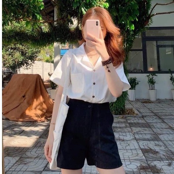 Áo sơ mi nữ cộc tay cổ vest size 2 S M màu be trắng chất đũi siêu mát mặc cực xinh xắn mặc mùa hè siêu đỉnh