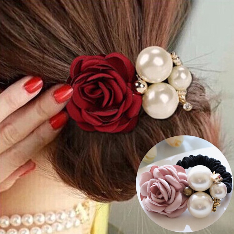 Dây Buộc Tóc Cao Su Hình Hoa Hồng Đính Ngọc Trai Thời Trang