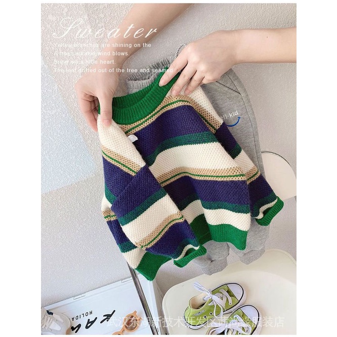Áo Sweater Dệt Kim Cổ Tròn Họa Tiết Kẻ Sọc Màu Sắc Tương Phản Phong Cách Hàn Quốc Thời Trang Mùa Đông Cho Bé Trai