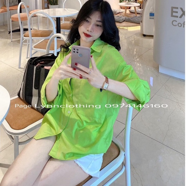 Set sơ mi xanh neon 3 món áo sơ mi form rộng quần short đùi kèm áo ba lỗ LD155