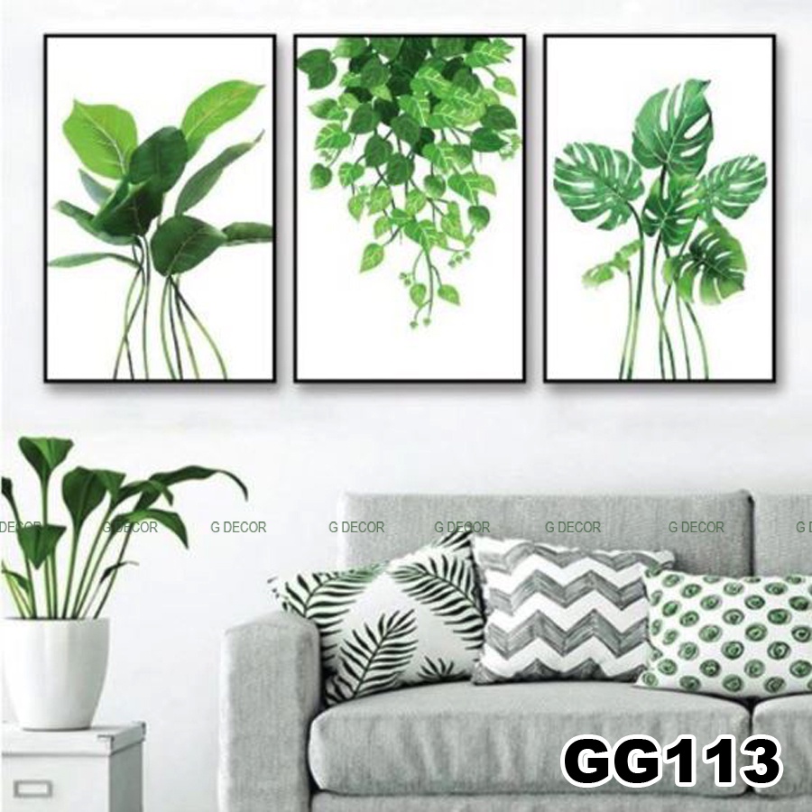 Tranh treo tường canvas 3 bức phong cách hiện đại Bắc Âu 113, tranh lá cây trang trí phòng khách, phòng ngủ, spa