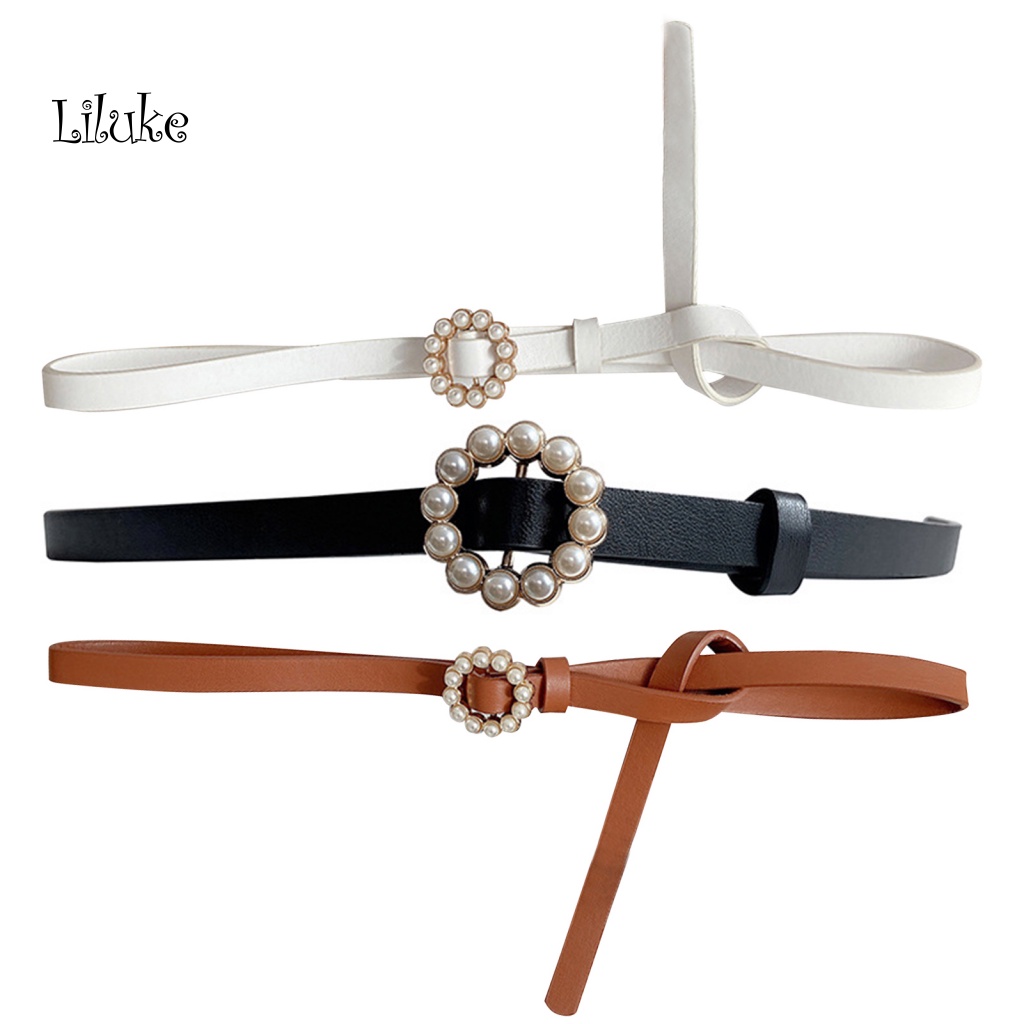 Thắt Lưng Dây Mảnh Giả Da Trang Trí Khóa Tròn Đính Ngọc Trai Xinh Xắn