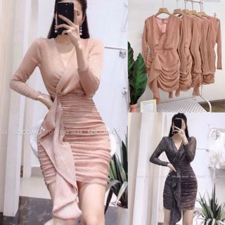 Đầm Body Nhũ Kim Tuyến DỰ TIỆC ( Size S-M-L-XL) cổ V đắp chéo eo phối bèo hàng HÀNG THIẾT KẾ