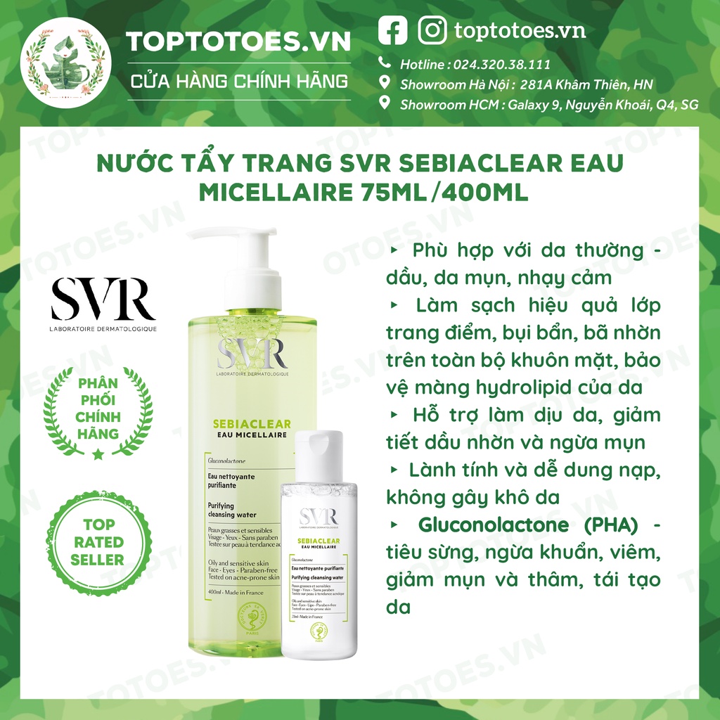 Nước tẩy trang cho da dầu mụn SVR Sebiaclear Eau Micellaire 75ML/ 400ML [NHẬP KHẨU CHÍNH HÃNG 100%]