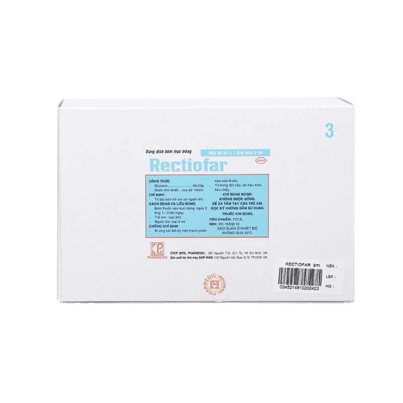 Bơm trực tràng trẻ em Rectiofar 3ml hộp 50 ống