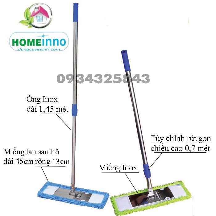 Cây lau nhà công nghiệp Inox HomeInno 1,45 mét - có tăng đơ điều chỉnh độ cao