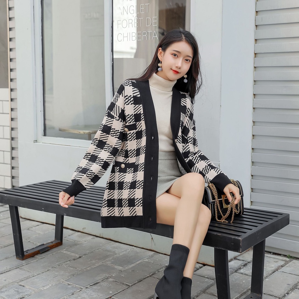 Áo khoác len nữ FUHO Fashion kẻ dài tay phong cách hàn quốc 041