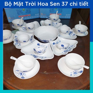 Bộ bát đĩa hoa mặt trời cao cấp giá rẻ hoạ tiết lá sen, bộ chén bát thờ cúng gia tiên 37 chi tiết Minh châu.