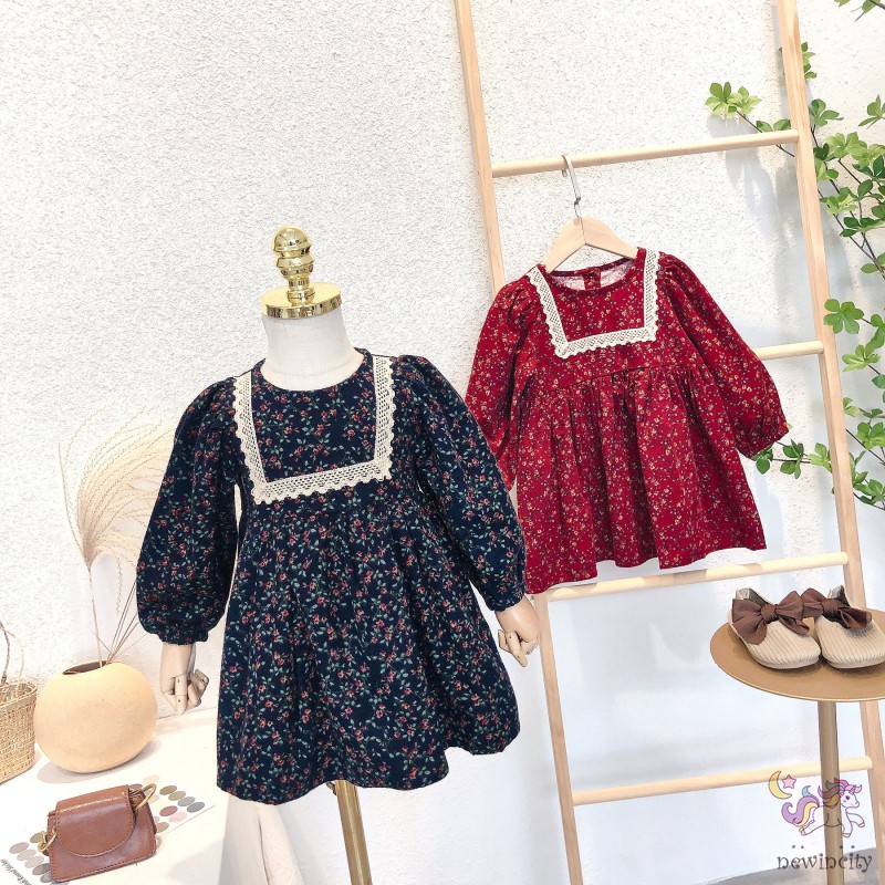 Đầm tay dài in họa tiết hoa phong cách retro Hàn Quốc xinh xắn thời trang cho nữ