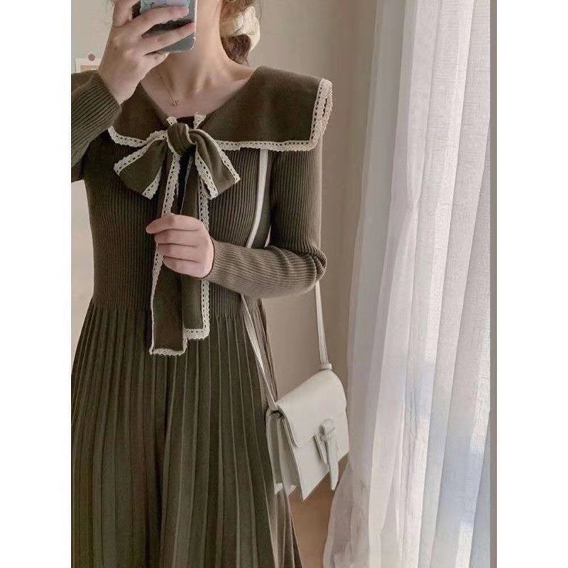 Đầm len tăm dáng xoè cổ nơ dài tay váy dệt kim kiểu xếp ly suông nữ cổ bẻ sơ mi thuỷ thủ ấm áp thu đông giáng sinh .